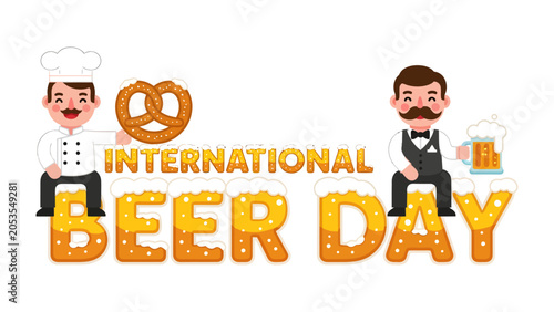 Canvastavla International Beer Day Celebration: A jovial illustration marking International Beer Day, featuring a chef holding a pretzel and a bartender with a beer mug