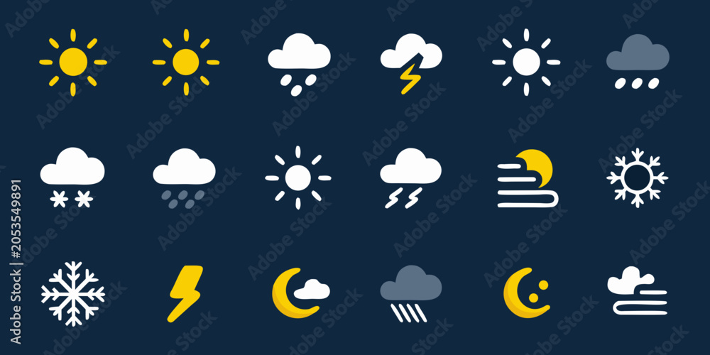 Obraz premium Weather Icons Collection Flat Style On Dark Navy Background