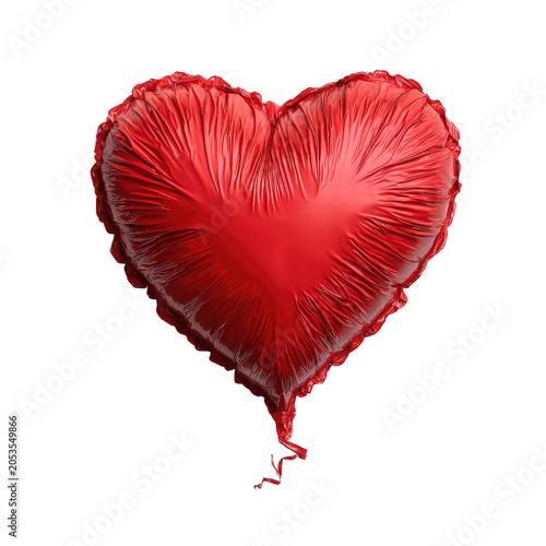 A heart-shaped red foil balloon, rendered with realistic shading and textures, floats against a stark black background