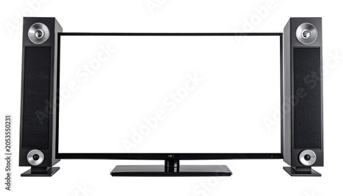 Modern black flat-screen TV with two matching vertical speakers on a solid black background. The screen is blank