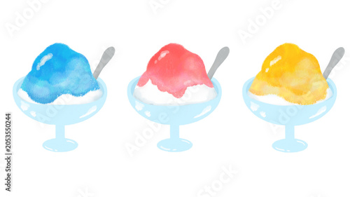 夏祭りのかき氷イラストセット　お祭り　装飾　縁日　屋台　シンプル　かわいい　夏　カキ氷　氷　食べ物　デザート