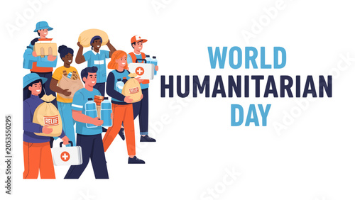 Foto World Humanitarian Day Celebration: A diverse group of people united in purpose, carrying aid and supplies, stand together to commemorate World Humanitarian Day