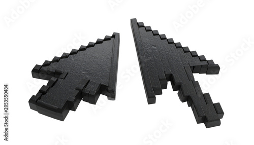 Two 3D black pixelated computer cursors, facing each other against a dark background, suggesting interaction