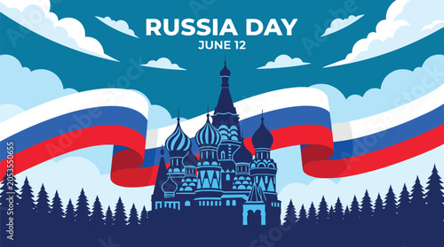 Foto Russia Day banner with St Basils Cathedral and national flag