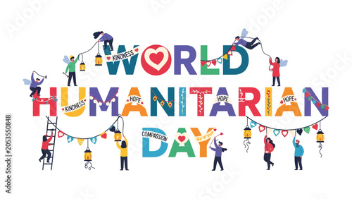 Foto World Humanitarian Day Celebration: A vibrant illustration depicts the words World Humanitarian Day adorned with small figures engaging in festive decoration and carrying lanterns
