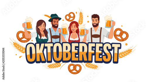 Canvastavla Oktoberfest Celebration Banner: A festive illustration depicting four people in traditional Bavarian attire, holding mugs of beer and pretzels