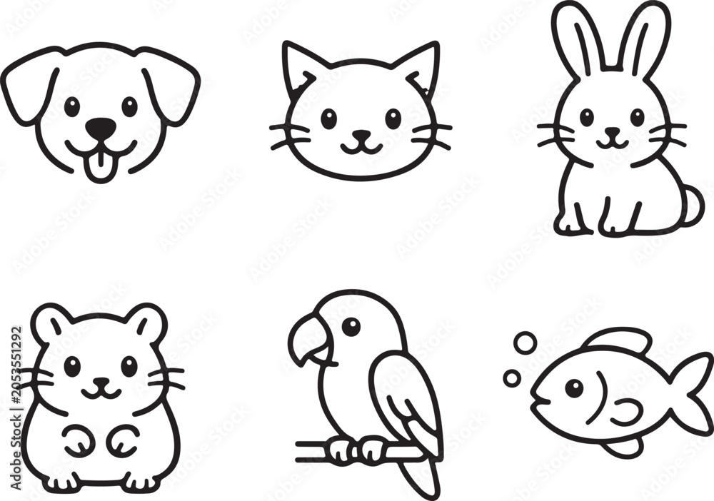 Fototapeta premium Cute Pet Animal Outline Icons Pack – Dog Cat Bunny Hamster Bird Fish Vector Set