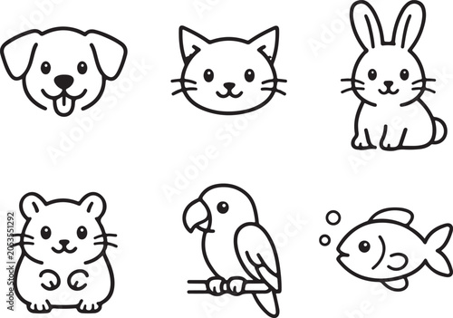 Photography Cute Pet Animal Outline Icons Pack – Dog Cat Bunny Hamster Bird Fish Vector Set