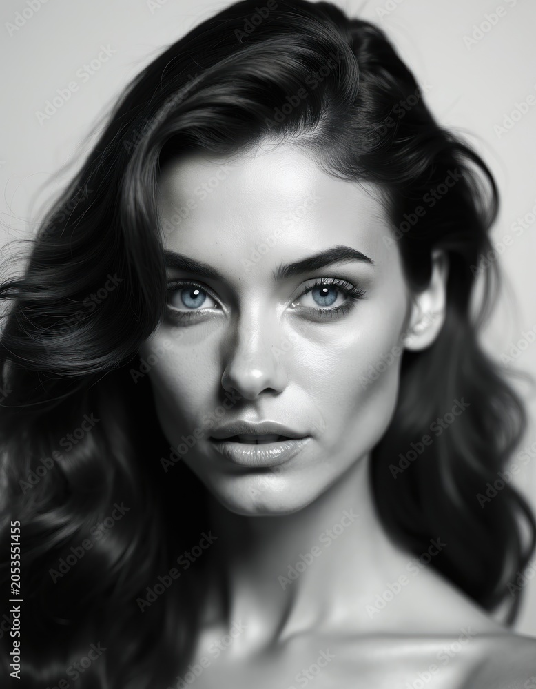 Fototapeta premium Close up black, white portrait of beautiful woman with wavy dark hair, piercing blue eyes. She has clear skin, delicate facial features, exuding timeless elegance, sophistication. Calm gaze.