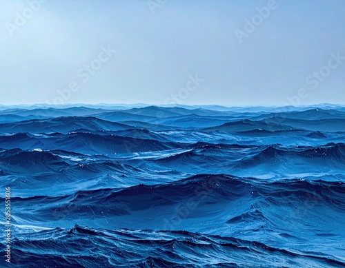 Vast blue ocean expanse, waves cresting under a hazy, pale sky