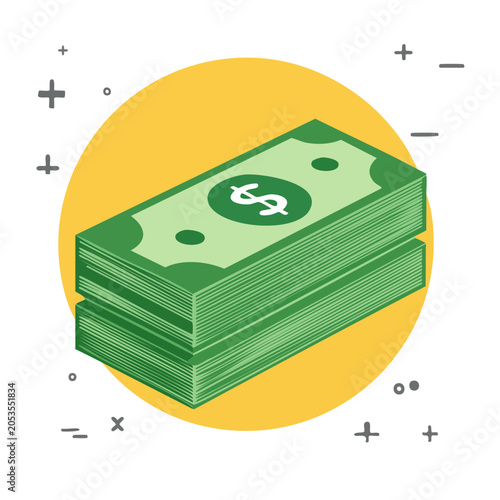 Stack of green dollar bills on yellow background