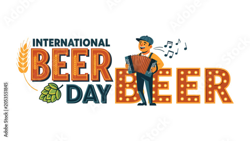 Photos International Beer Day Celebration: A cheerful man plays the accordion, serenading a joyous celebration of International Beer Day, adorned with wheat and hops