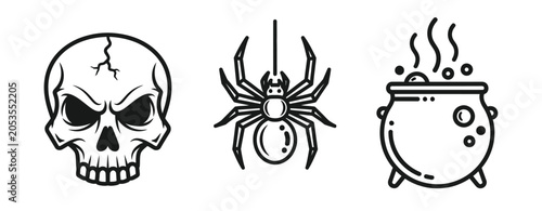 Schilderij op canvas Halloween icons set featuring spooky skull spider on web and bubbling witch cauldron line art for holiday party decoration and horror themed design elements