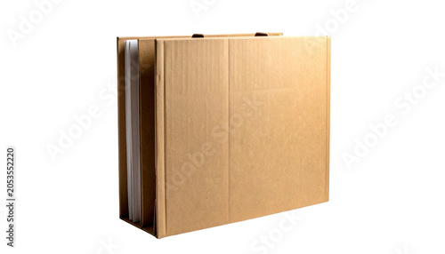 Cardboard portfolio case with a handle, holding white paper sheets, viewed on a transparent background, lit evenly