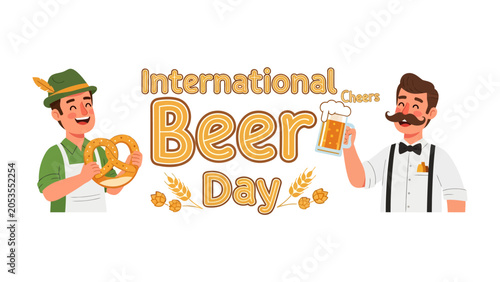 Billede på lærred International Beer Day Celebration: Two jovial men, one holding a pretzel and the other a frothy beer, celebrate International Beer Day with a festive atmosphere