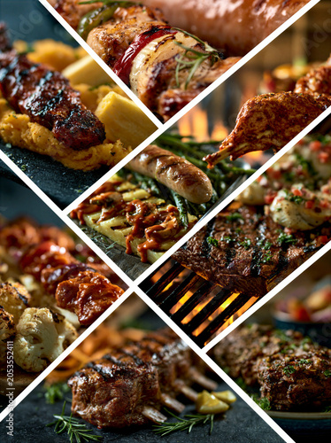 a montage of mouthwatering barbecue images in a grid formation separated by a white keyline creating a dynamic layout