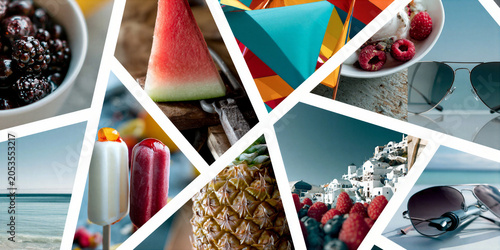 montage of summer holiday images in a grid formation separated by a white keyline creating a dynamic layout