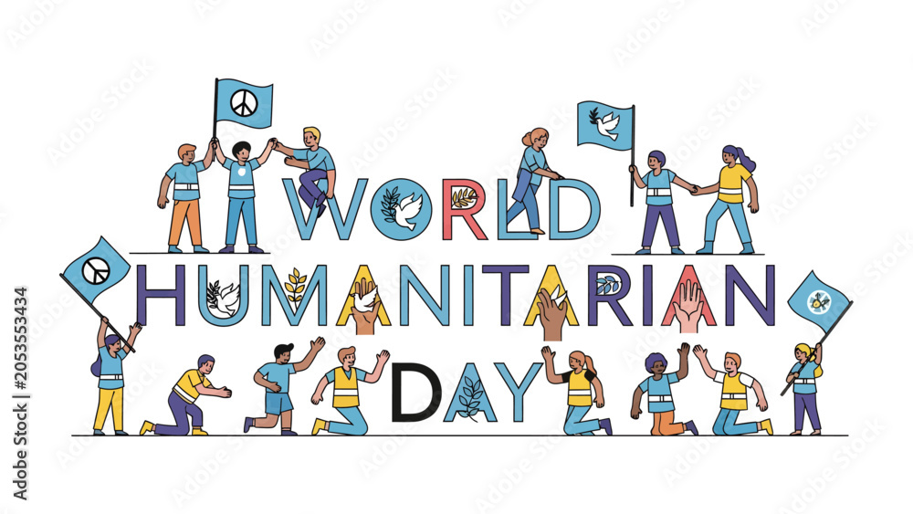 Fototapeta premium World Humanitarian Day Celebration: Diverse group of people celebrating World Humanitarian Day with flags and unity, representing global compassion and support.