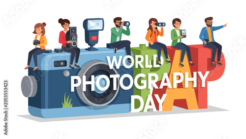 Obraz na plátne World Photography Day Celebration: A vibrant illustration depicting people enjoying World Photography Day, sitting on a giant camera and colorful letters, celebrating the art of capturing moments