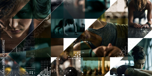 a montage of gym workout, exercise and cardio images in a grid formation separated by a white keyline creating a dynamic layout