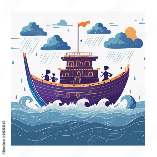 Stylized ship illustration at sea with people