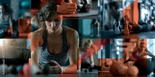 a montage of gym workout, exercise and cardio images in a grid formation separated by a white keyline creating a dynamic layout