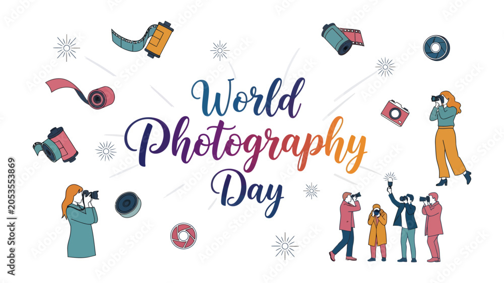 Naklejka premium World Photography Day Celebration: Artistic illustration depicts people celebrating World Photography Day, surrounded by film rolls, cameras, and festive snowflakes.