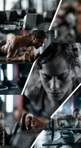 a montage of gym workout, exercise and cardio images in a grid formation separated by a white keyline creating a dynamic layout