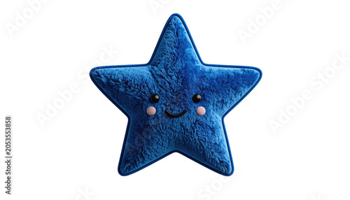 A fluffy, smiling, five-pointed star with a dark blue fur-like texture and rosy cheeks. It floats on a black backdrop