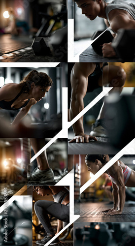 a montage of gym workout, exercise and cardio images in a grid formation separated by a white keyline creating a dynamic layout