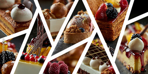 a montage of mouthwatering French patisserie, cakes and sweet treats images in a grid formation separated by a white keyline creating a dynamic layout
