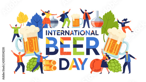 Bild auf Leinwand Celebrate International Beer Day with this vibrant illustration featuring happy people, overflowing beer mugs, and essential brewing ingredients