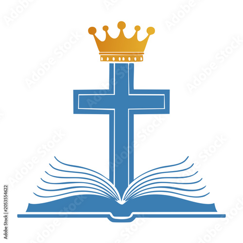 Christian cross with crown on open book icon