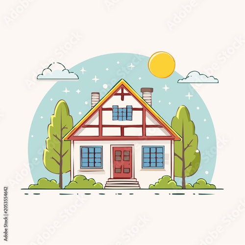 Charming Cartoon House with Trees and Sun
