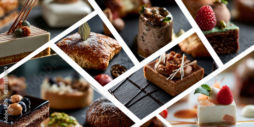 a montage of mouthwatering French patisserie, cakes and sweet treats images in a grid formation separated by a white keyline creating a dynamic layout