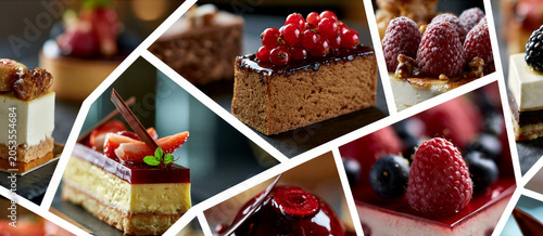 a montage of mouthwatering French patisserie, cakes and sweet treats images in a grid formation separated by a white keyline creating a dynamic layout