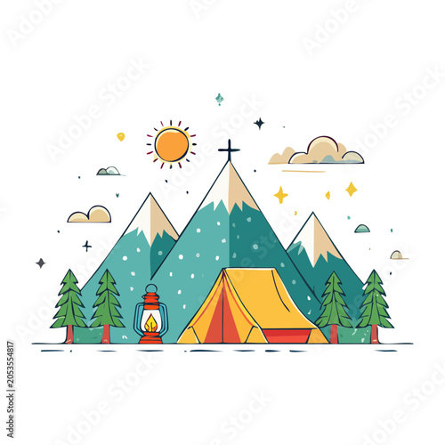 Flat design camping scene with tent, mountains, and lantern