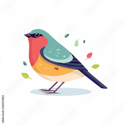 Flat design illustration of a colorful bird with leaves