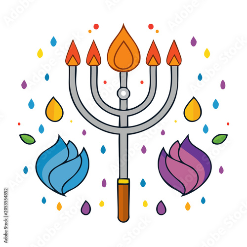 Flat design illustration of a Menorah with flames and confetti
