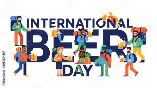 Canvastavla International Beer Day Celebration: A vibrant illustration depicts diverse people with backpacks, raising mugs of beer to celebrate International Beer Day