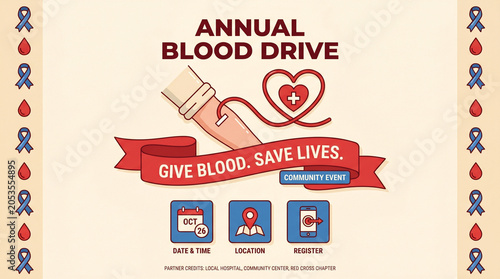 Annual blood drive community poster — lifestyle health initiative with heart symbol and donation tube, encouraging wellness, awareness, and participation in saving lives together