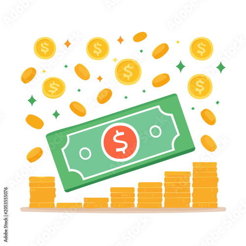 Money and coins illustration with dollar bill and stacks