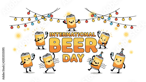 Tableau sur toile International Beer Day Celebration: A lively illustration depicts happy, dancing beer cans adorned with party hats, raising glasses under a string of colorful festive lights