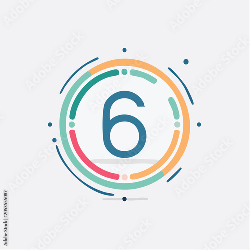Number 6 in a Circular Graphic with Colorful Rings and Dots