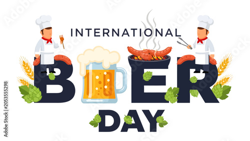 Fotografija International Beer Day Celebration: A festive graphic depicts International Beer Day with a frothy mug of beer, grilled sausages, and chefs, celebrating a joyous occasion of drinks and food