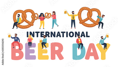 Fotografie International Beer Day Celebration: A vibrant illustration depicts people celebrating International Beer Day with giant pretzels and mugs of beer, promoting a festive and social atmosphere