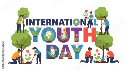 Foto Celebrating International Youth Day: Young people enthusiastically plant trees and flowers, symbolizing growth and a brighter future, in a vibrant illustration for International Youth Day