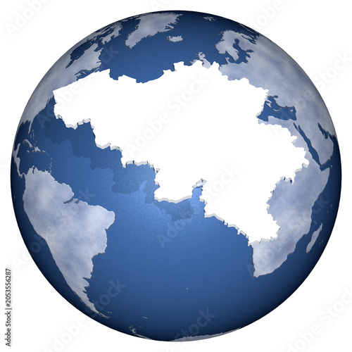 Sagoma del Belgio sovrapposta al globo terrestre, simbolo di identità nazionale, presenza internazionale e connessione tra Belgio ed Europa.