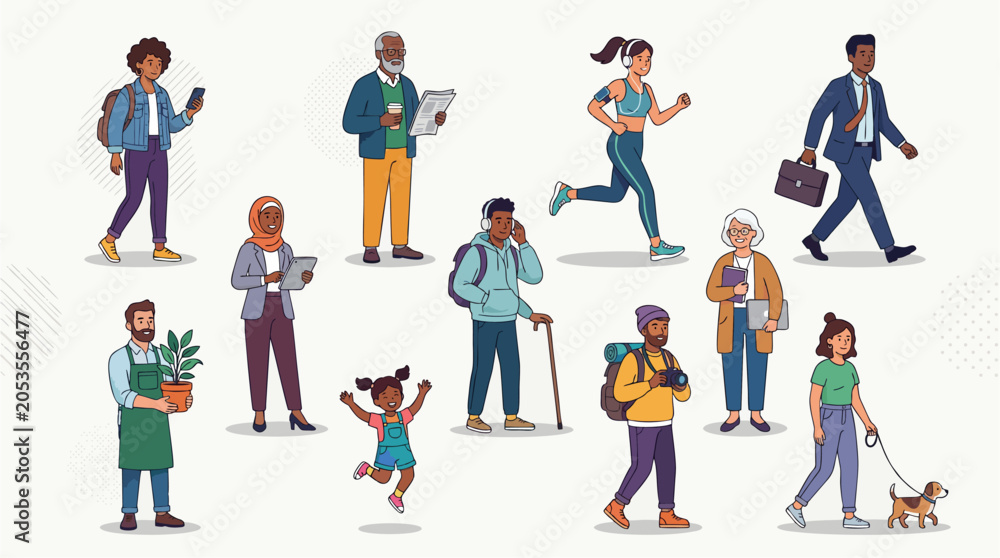 Fototapeta premium Cartoon vector illustration of a diverse group of happy business people walking together as a team, including men, women and children in a fun family and sport themed style