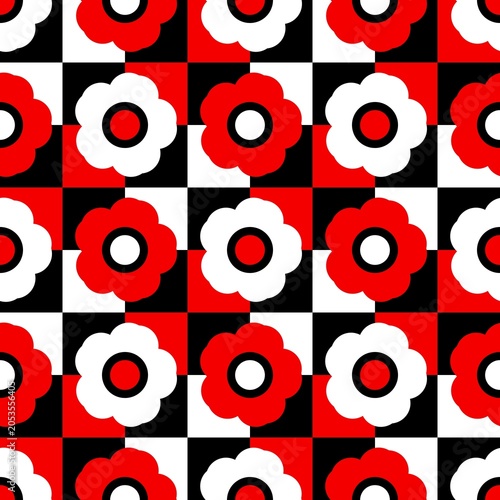 ​Bold retro seamless pattern featuring red and white flowers on a black checkerboard grid background. Vibrant vintage optical art graphic design.